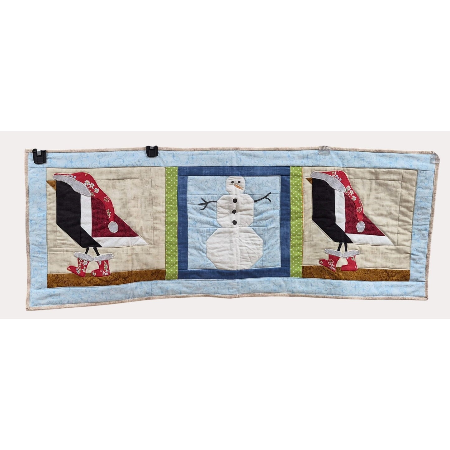 NEW Handmade Quilted Winter Table Runner With Snowman & Black Birds In Santa Hats
