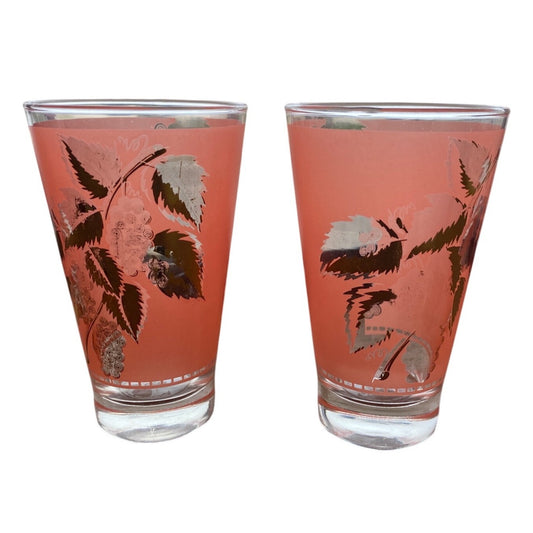 Vintage Pink Glass Tumblers With Gold Leaf Design Set Of 2