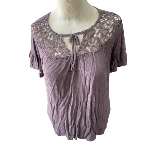 Maurices Womens Boho Blouse Large With Lace Detail & Tie Neck