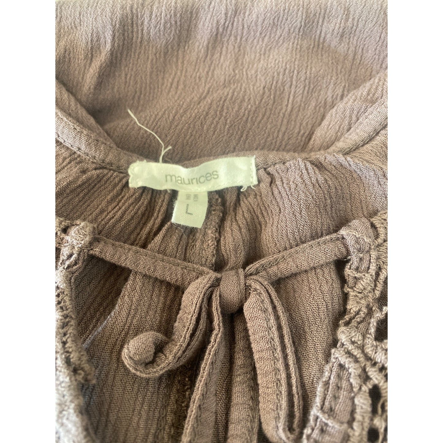 Maurices Womens Boho Blouse Large With Lace Detail & Tie Neck