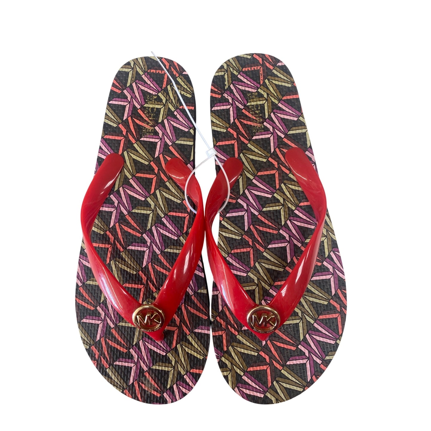 Michael Kors Womens Red & Multicolor Flip-Flops With Gold MK Logo Size 8