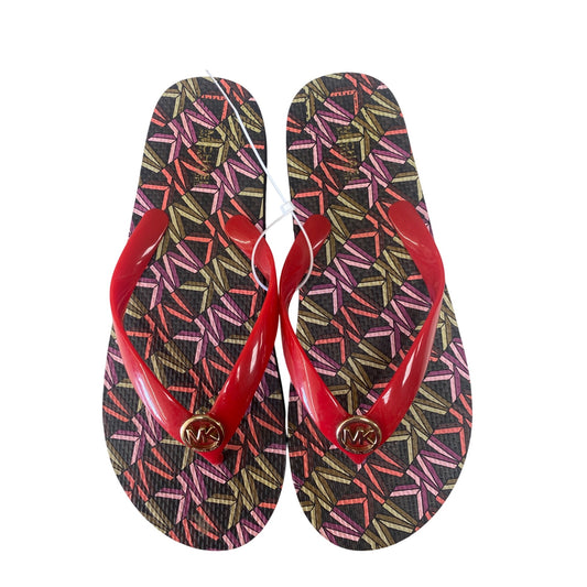 Michael Kors Womens Red & Multicolor Flip-Flops With Gold MK Logo Size 8