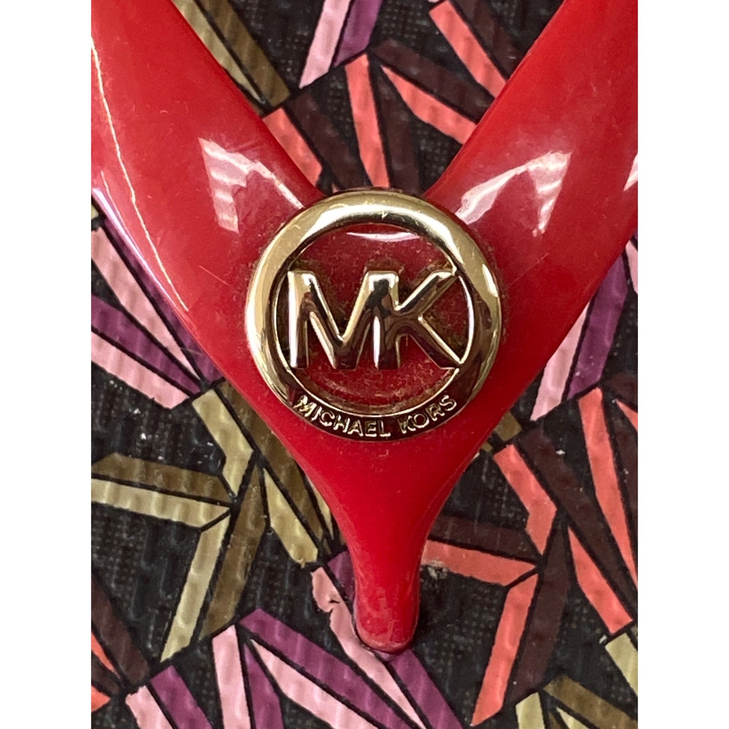 Michael Kors Womens Red & Multicolor Flip-Flops With Gold MK Logo Size 8