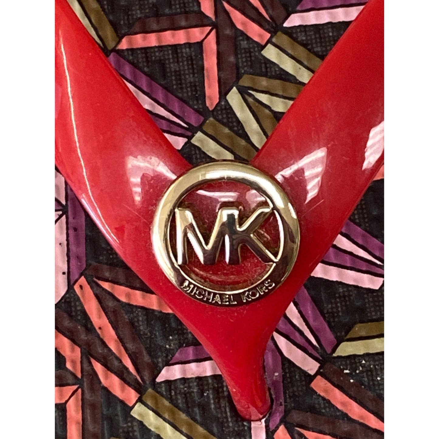 Michael Kors Womens Red & Multicolor Flip-Flops With Gold MK Logo Size 8