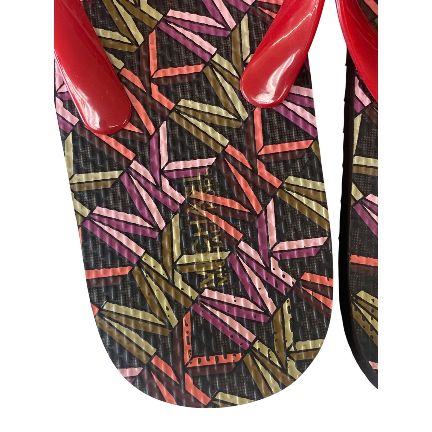 Michael Kors Womens Red & Multicolor Flip-Flops With Gold MK Logo Size 8