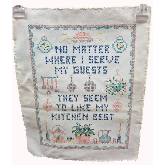 Vintage Cross-Stitch Kitchen Decor Wall Hanging Embroidered Quote "No Matter Where I Serve My Guests"