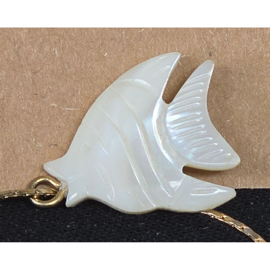 Carved Mother‑of‑Pearl Fish Pendant on 24" Gold Tone Chain Vintage Iridescent