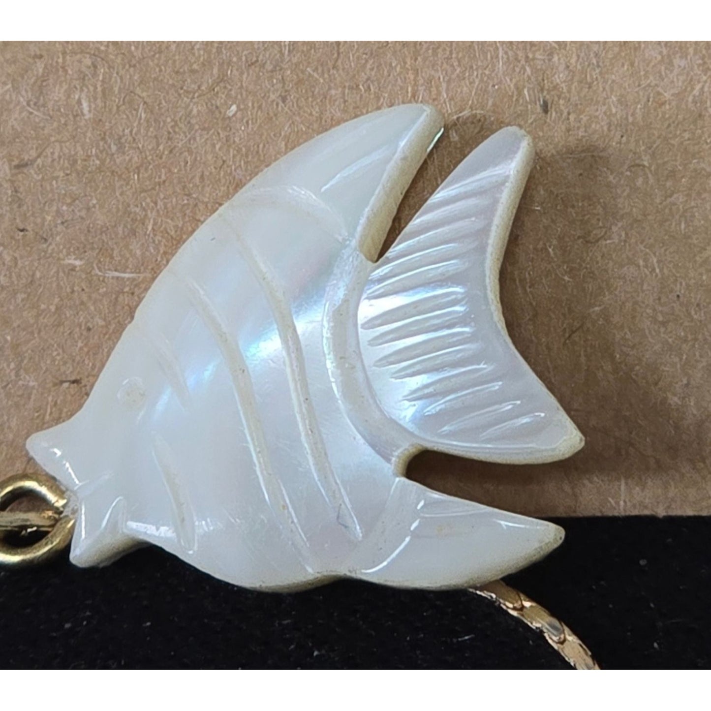 Carved Mother‑of‑Pearl Fish Pendant on 24" Gold Tone Chain Vintage Iridescent