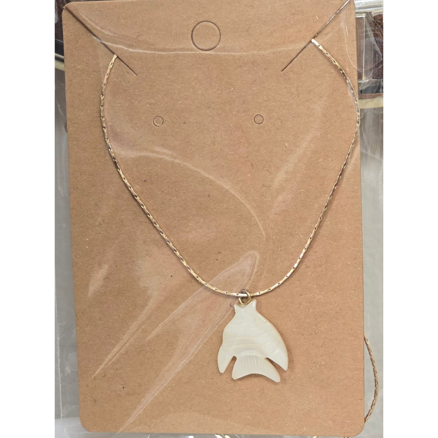 Carved Mother‑of‑Pearl Fish Pendant on 24" Gold Tone Chain Vintage Iridescent
