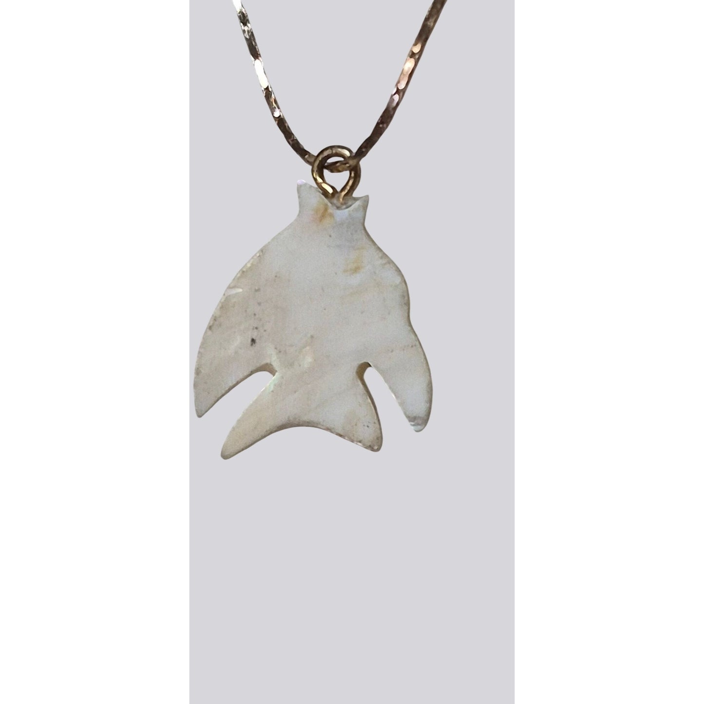 Carved Mother‑of‑Pearl Fish Pendant on 24" Gold Tone Chain Vintage Iridescent