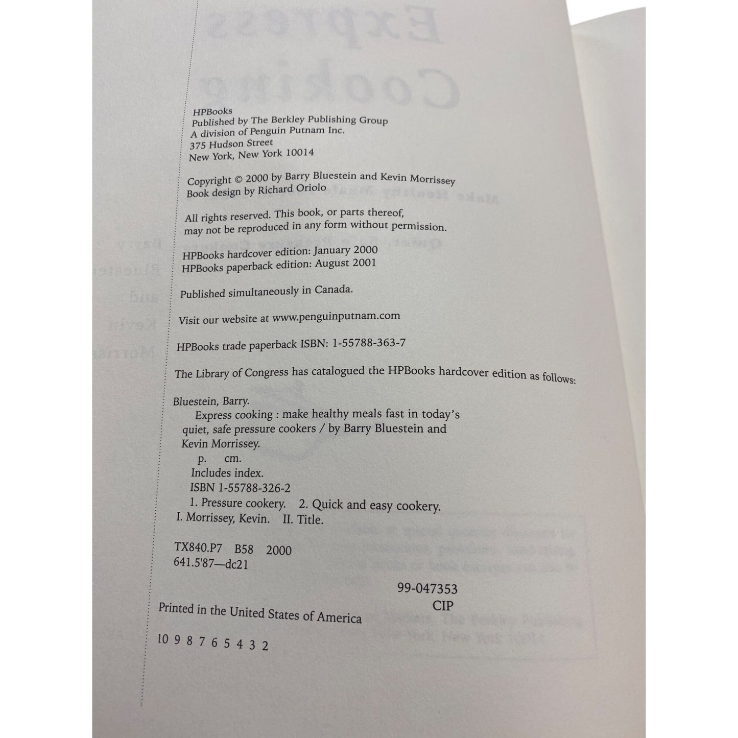 Express Cooking Paperback Book By Barry Bluestein & Kevin Morrissey