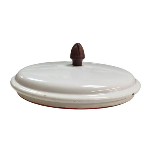 Vintage White Enamelware Red Trim Lid Brown Knob Handle Cover Pots Pans