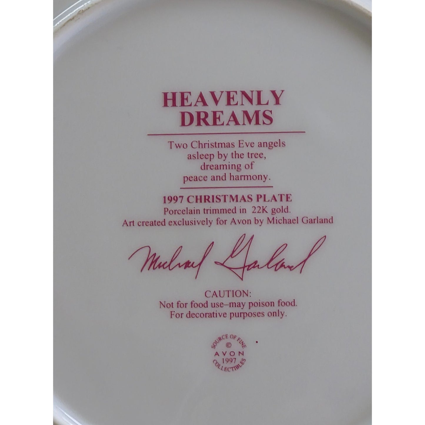 1997 Avon Heavenly Dreams Christmas Plate By Michael Garland Porcelain Trimmed In 22K Gold Decorative Collectible