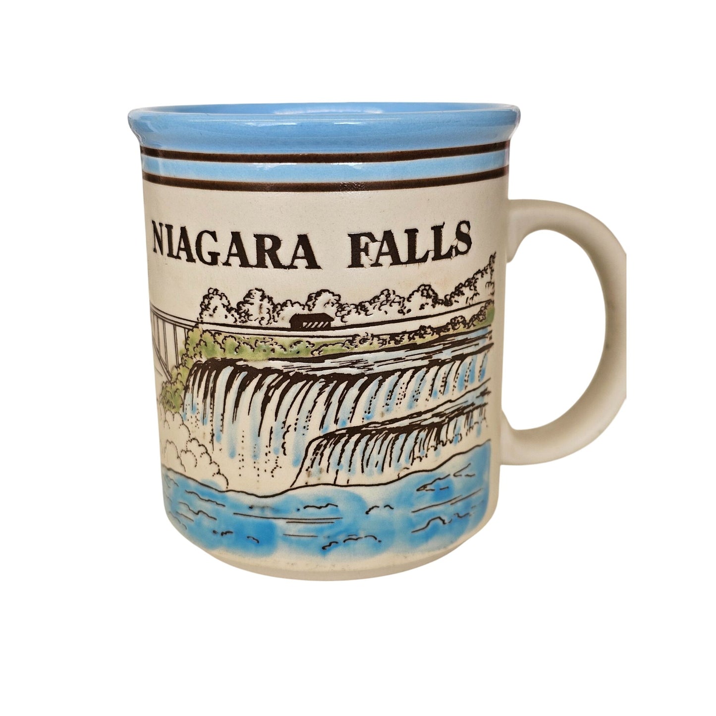 Niagara Falls Ceramic Souvenir Mug With Scenic Waterfall Design & Light Blue Interior