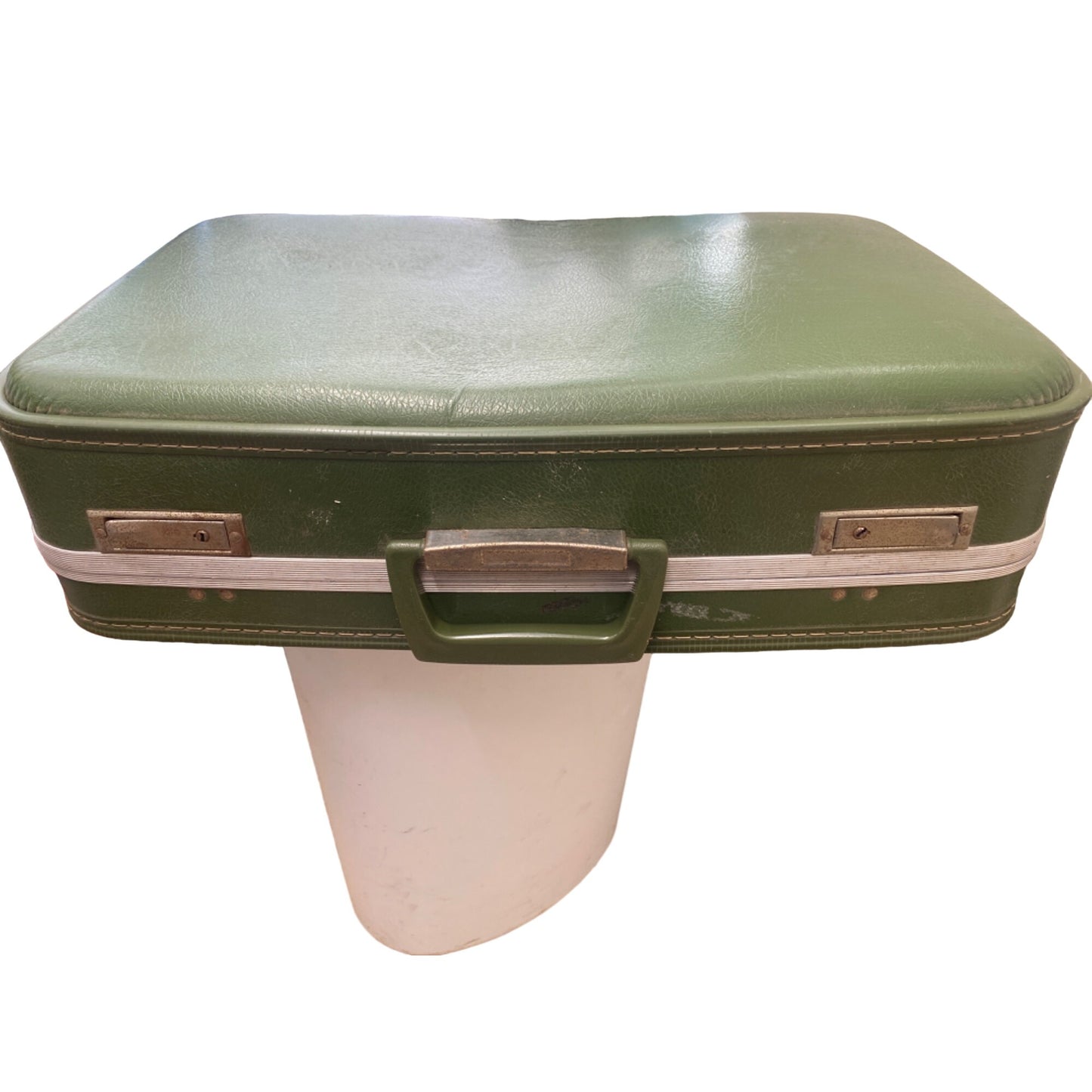 Vintage Green Vinyl Suitcase With Beige Interior