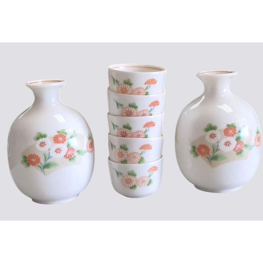 Vintage Nagoya Ceramic Floral Sake Set With 2 Bottles & 5 Cups