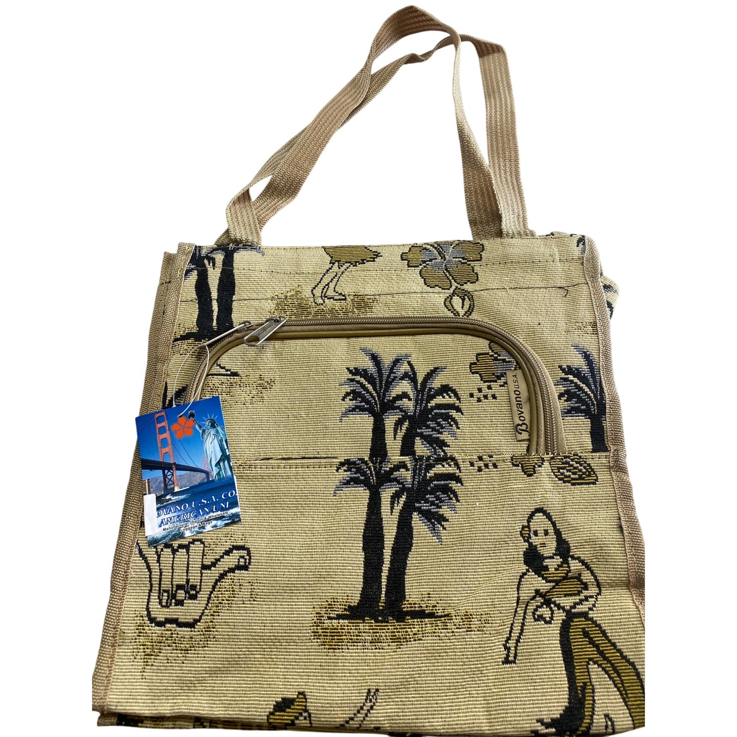 Vintage Bovano Hawaiian-Themed Tote Bag With Zippered Pocket & Dual Handles