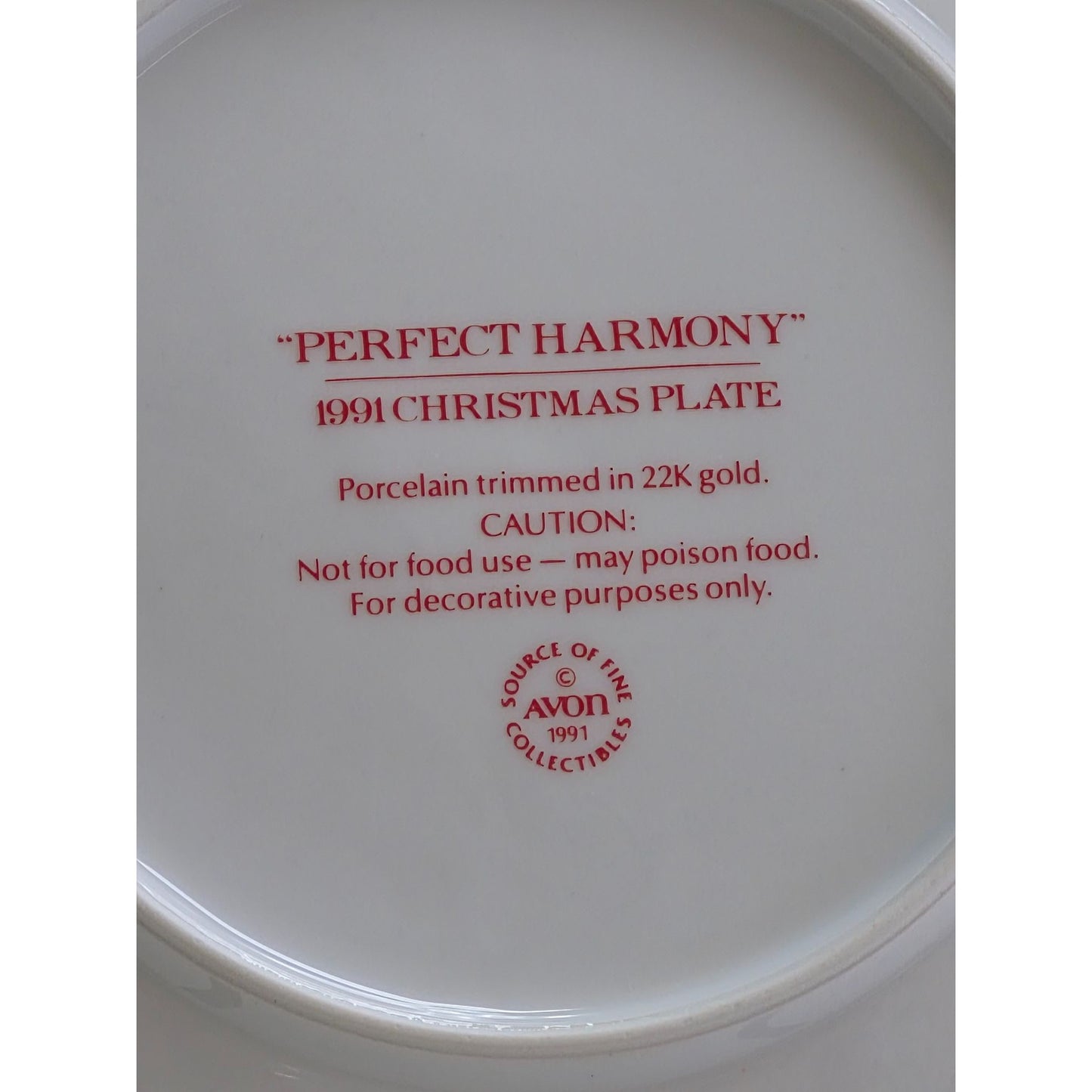 "Perfect Harmony" 1991 Christmas Plate By Avon Porcelain Trimmed In 22K Gold