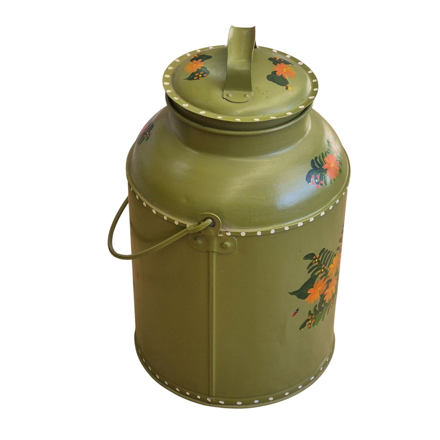 Vintage Hand-Painted Metal Milk Can Olive Green Orange Floral Design