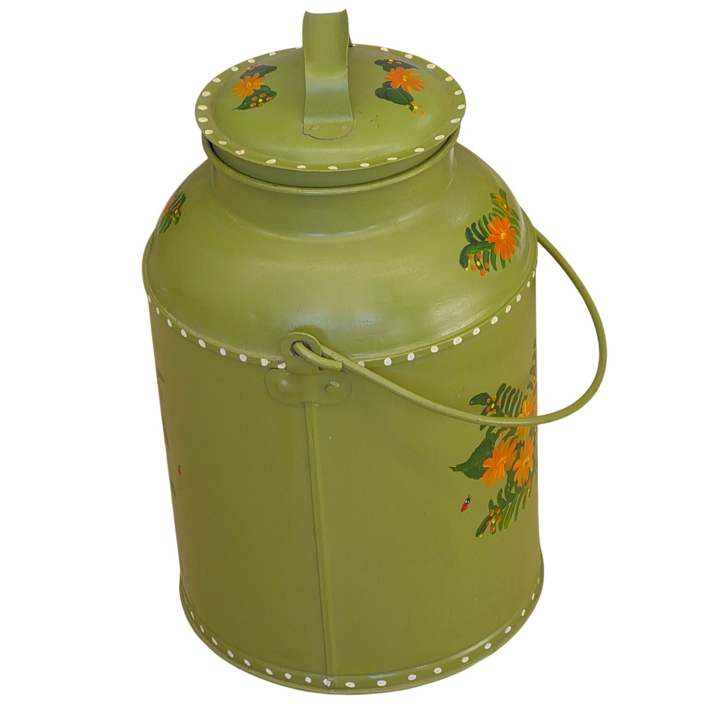 Vintage Hand-Painted Metal Milk Can Olive Green Orange Floral Design