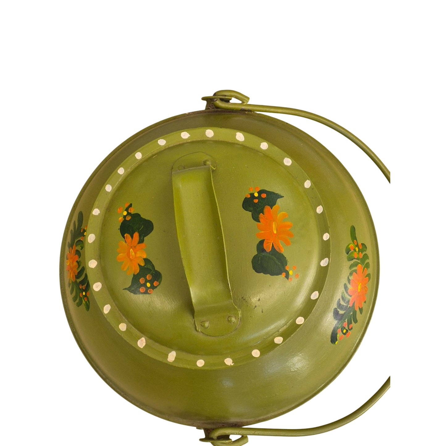 Vintage Hand-Painted Metal Milk Can Olive Green Orange Floral Design