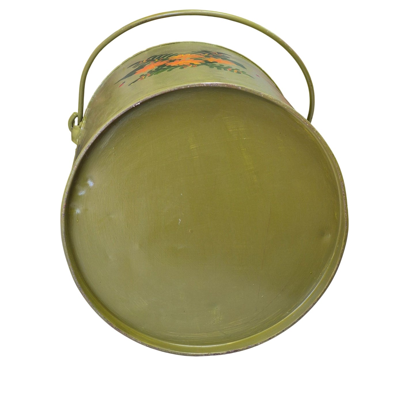 Vintage Hand-Painted Metal Milk Can Olive Green Orange Floral Design