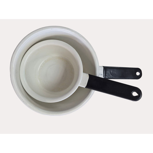 Vintage White Enamelware Saucepan Set Of 2 With Black Handles