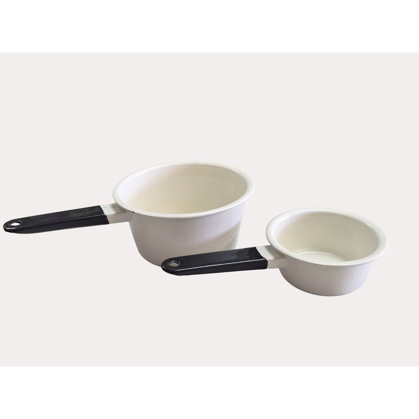Vintage White Enamelware Saucepan Set Of 2 With Black Handles