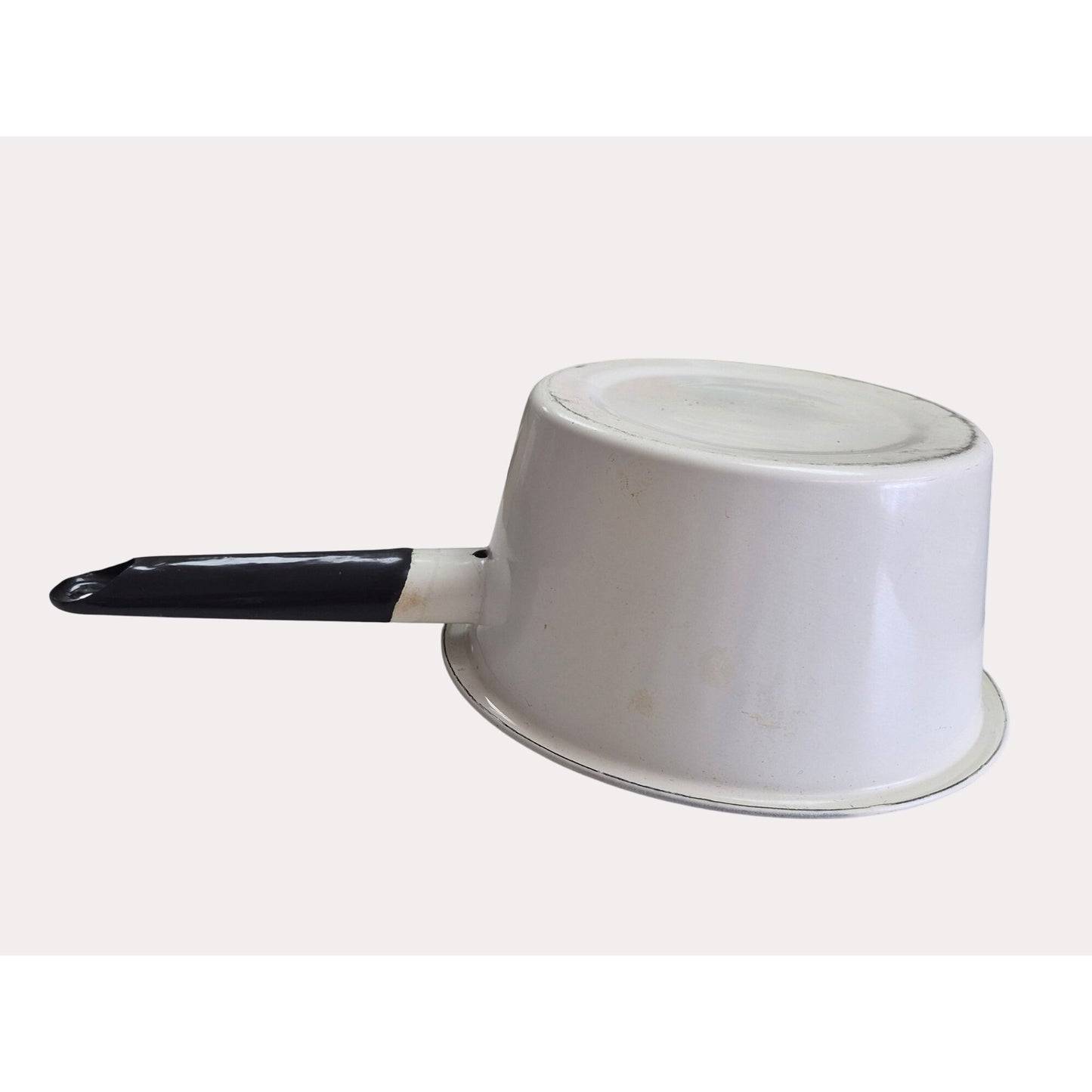 Vintage White Enamelware Saucepan Set Of 2 With Black Handles