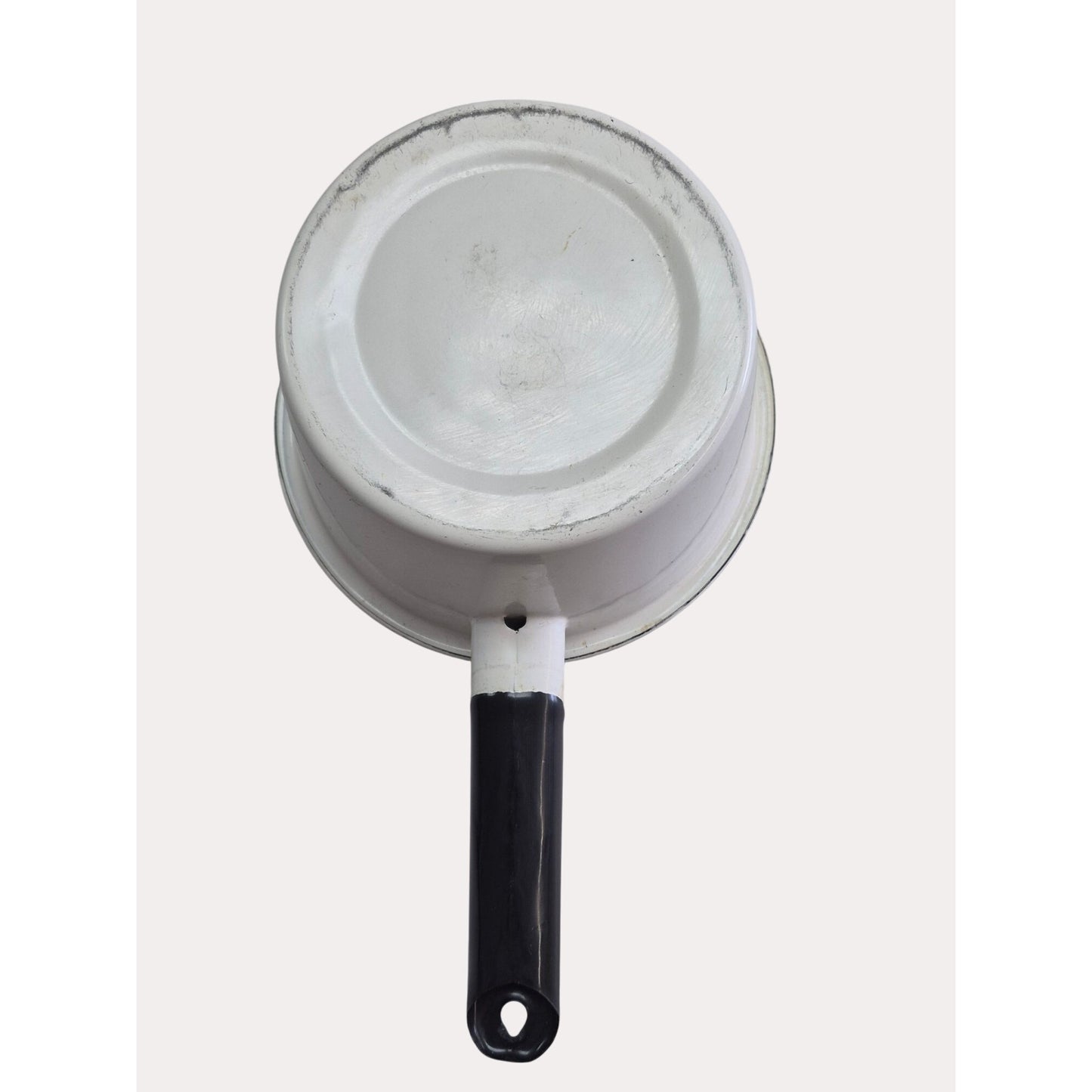 Vintage White Enamelware Saucepan Set Of 2 With Black Handles