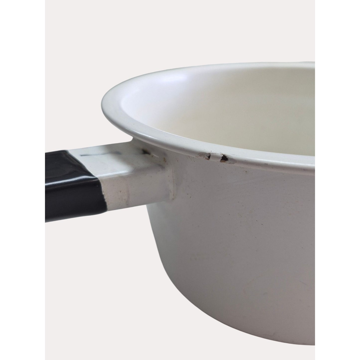 Vintage White Enamelware Saucepan Set Of 2 With Black Handles