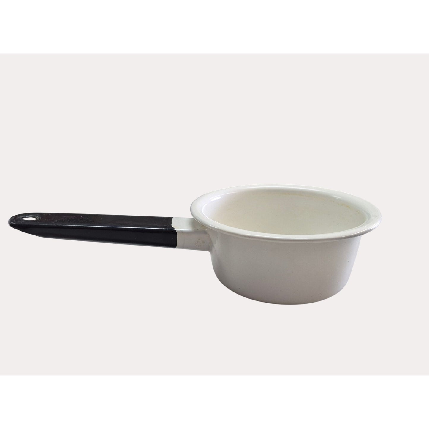 Vintage White Enamelware Saucepan Set Of 2 With Black Handles