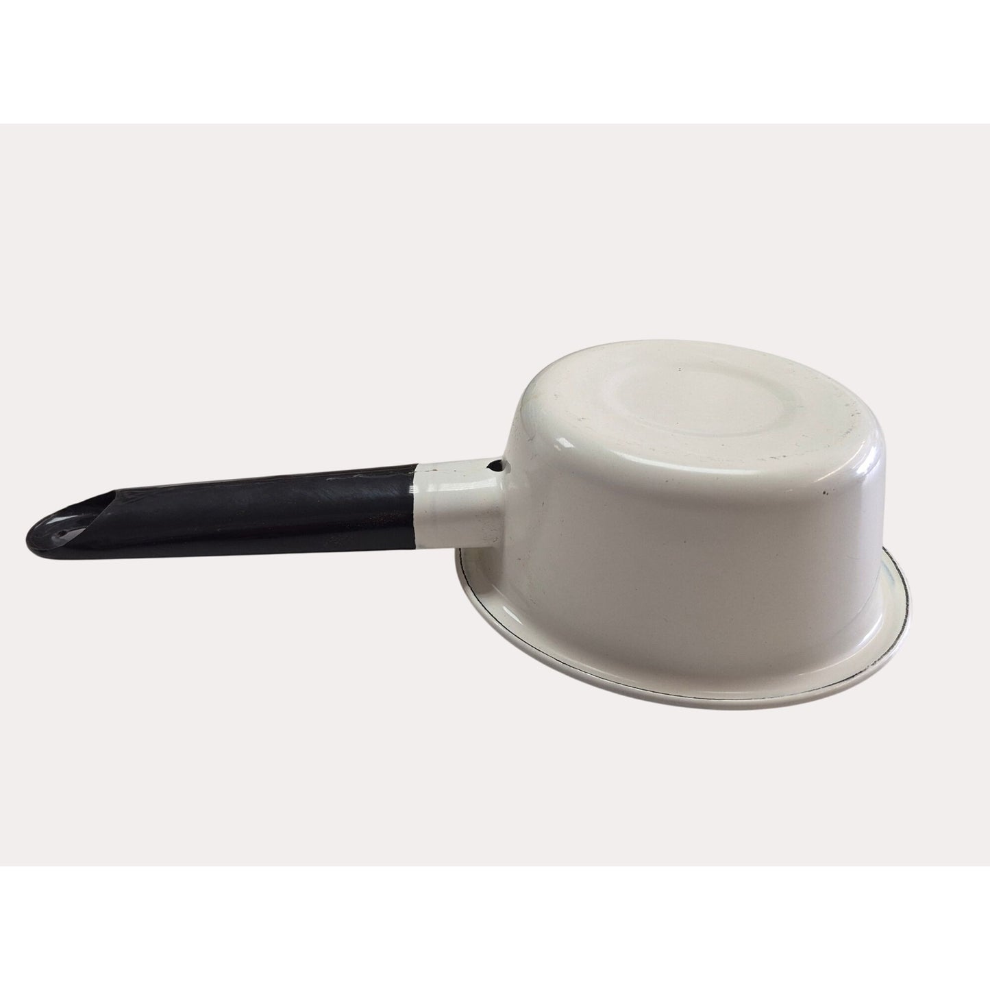 Vintage White Enamelware Saucepan Set Of 2 With Black Handles