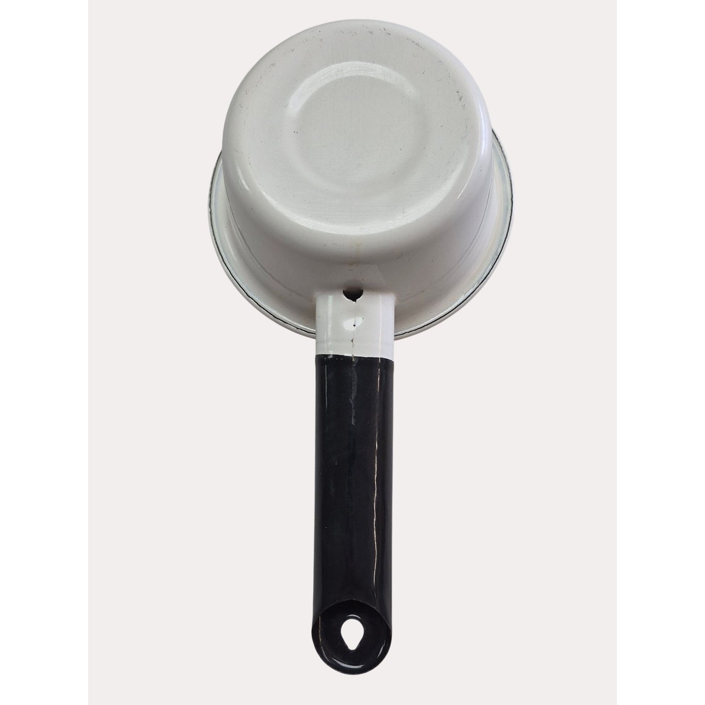 Vintage White Enamelware Saucepan Set Of 2 With Black Handles