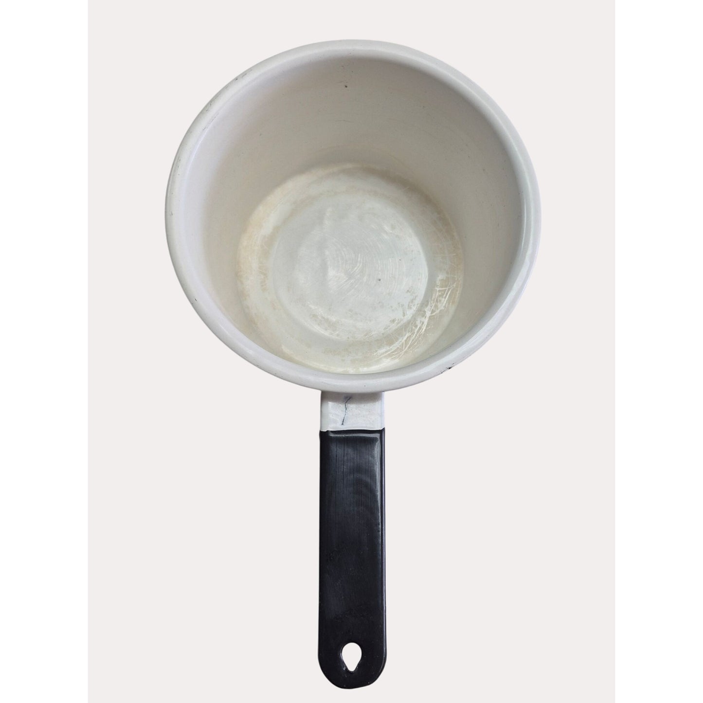 Vintage White Enamelware Saucepan Set Of 2 With Black Handles