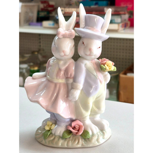 "Home Interiors & Gifts" Easter Finery Bunny Couple Figurine Pastel Ceramic Collectible 2003 Crafted In China