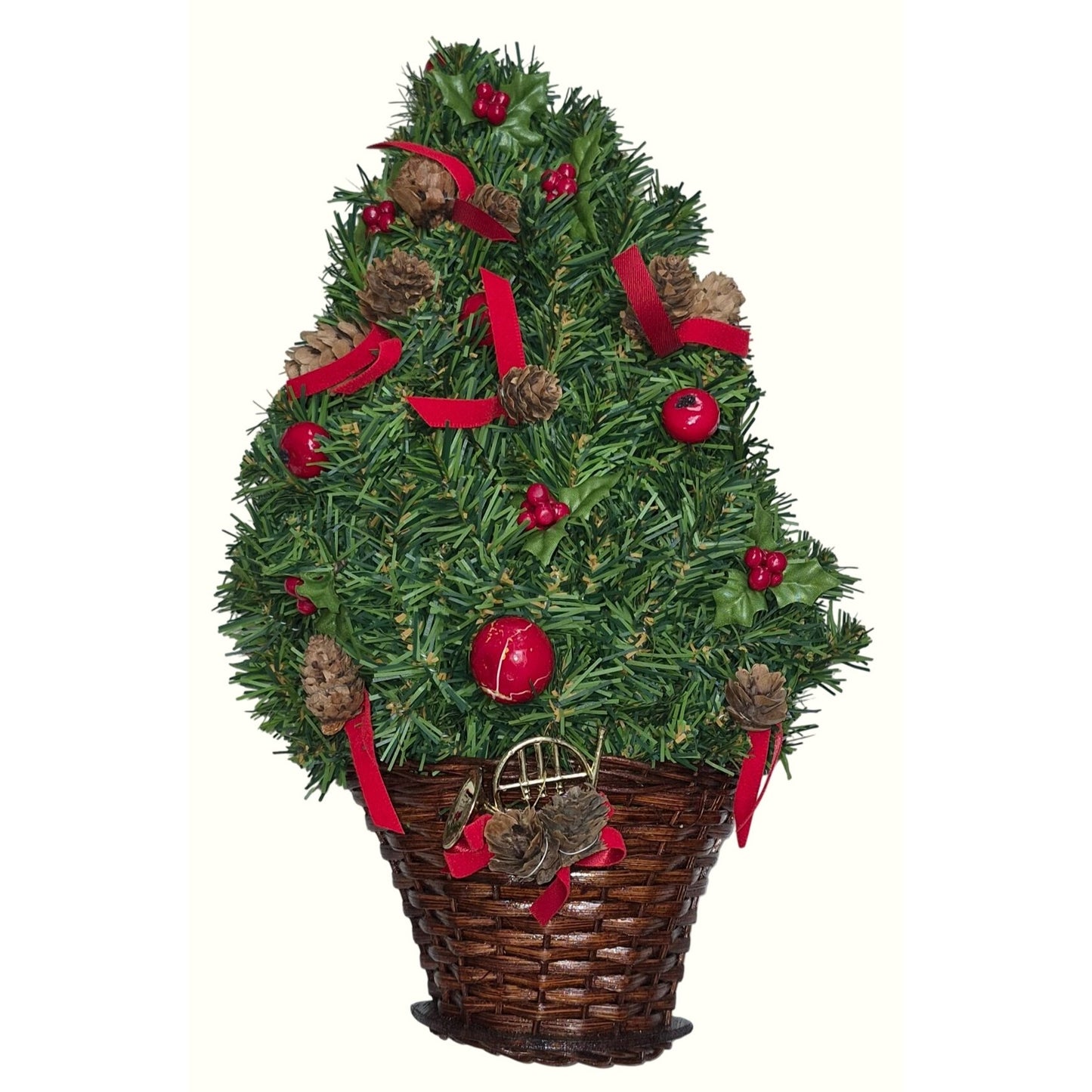 Artificial Mini Christmas Tree In Wicker Basket With Pinecones Red Berries Ribbon & Battery Lights