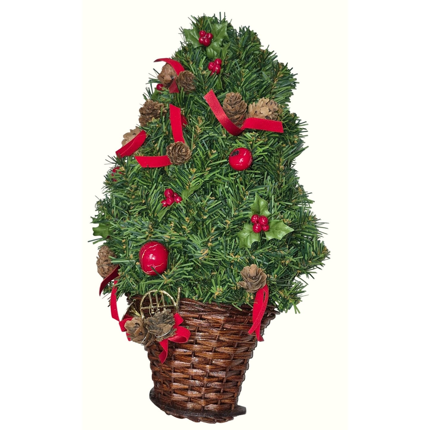 Artificial Mini Christmas Tree In Wicker Basket With Pinecones Red Berries Ribbon & Battery Lights