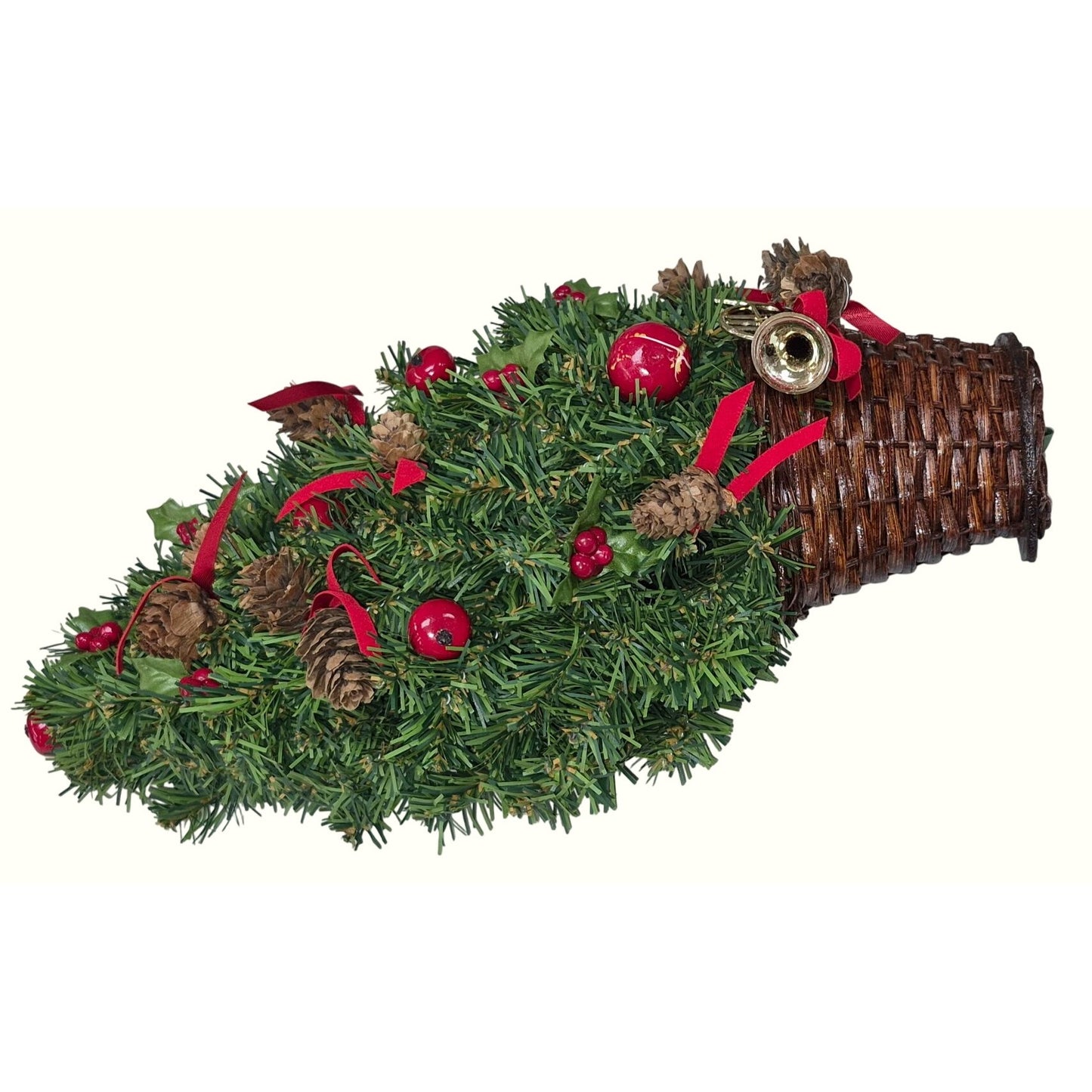 Artificial Mini Christmas Tree In Wicker Basket With Pinecones Red Berries Ribbon & Battery Lights