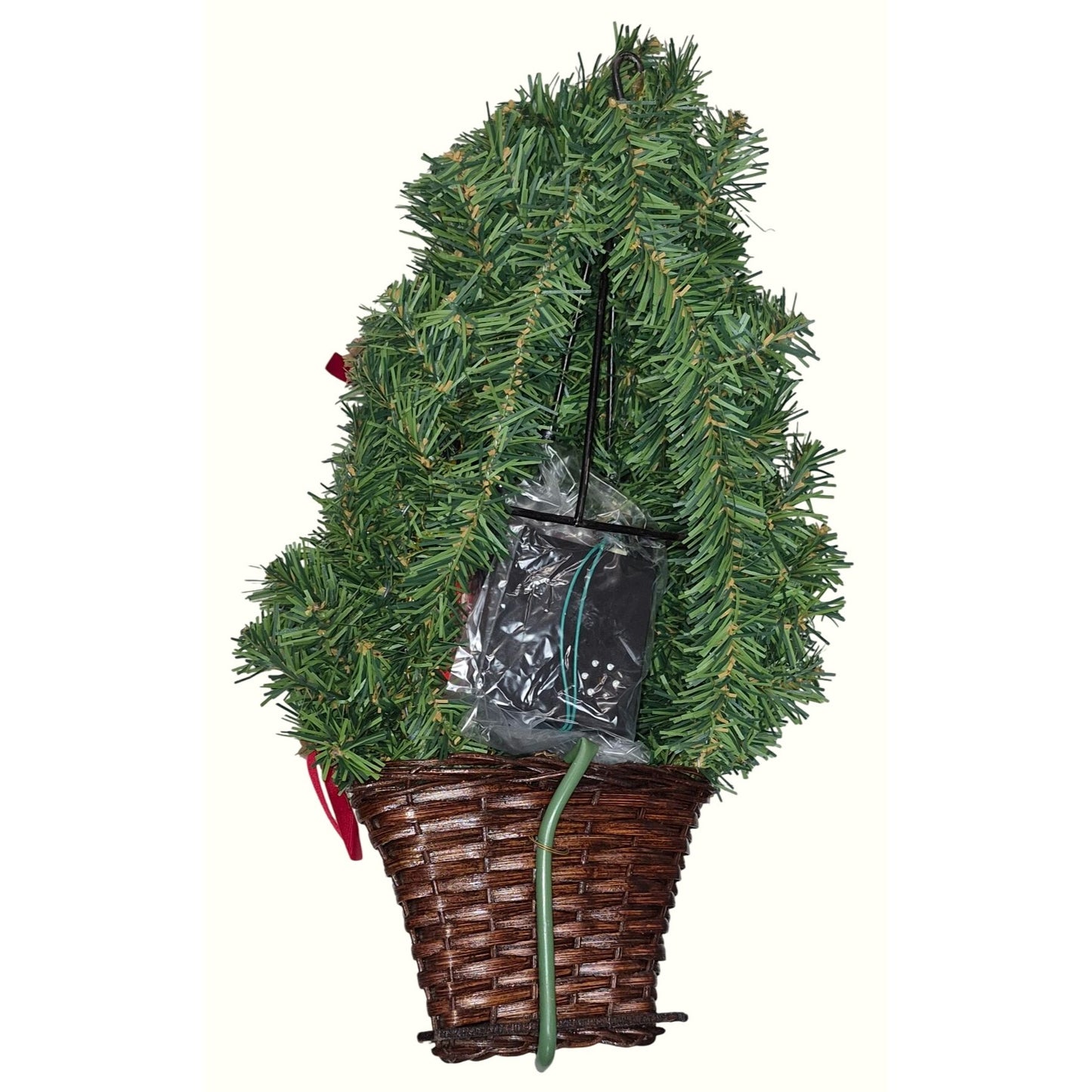 Artificial Mini Christmas Tree In Wicker Basket With Pinecones Red Berries Ribbon & Battery Lights