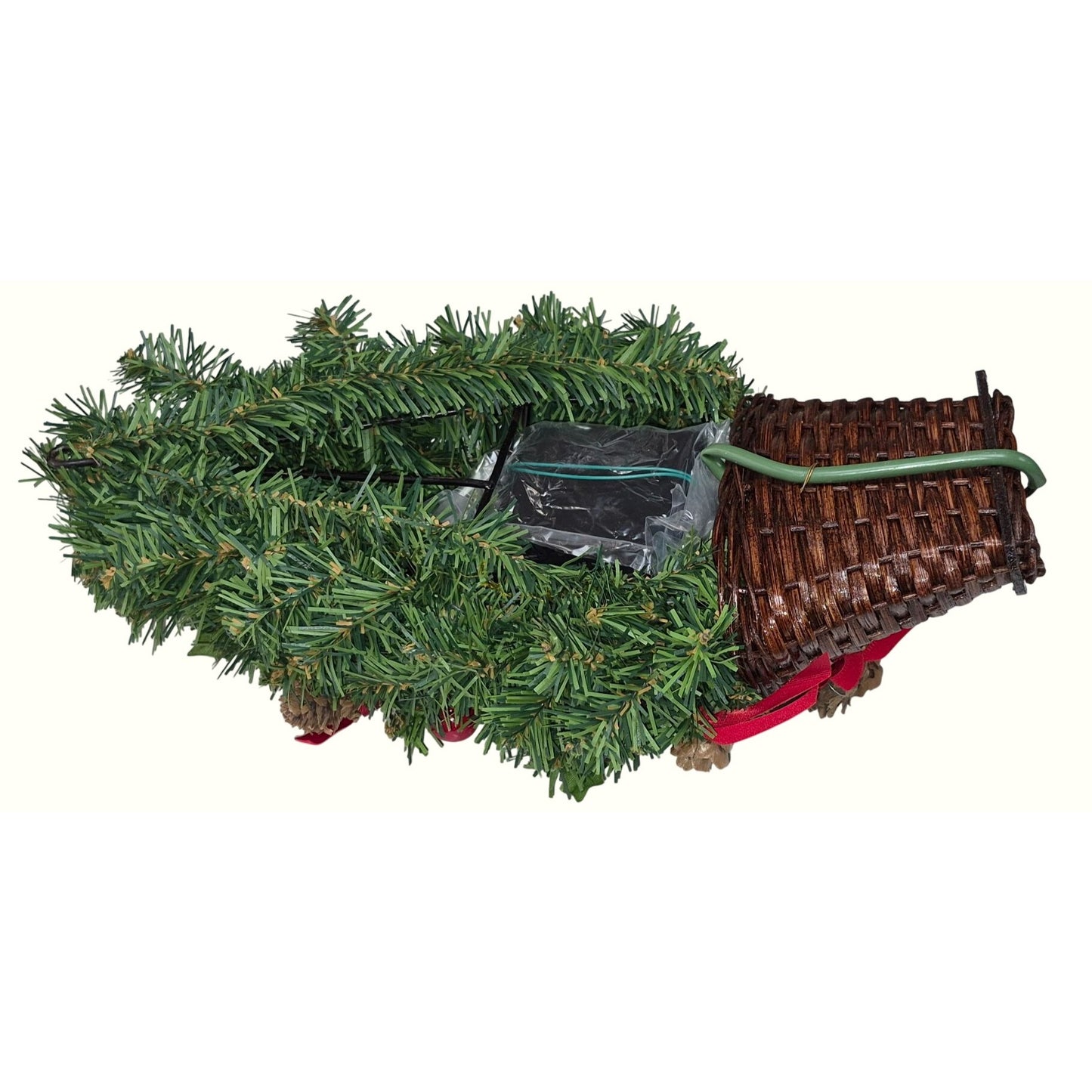 Artificial Mini Christmas Tree In Wicker Basket With Pinecones Red Berries Ribbon & Battery Lights