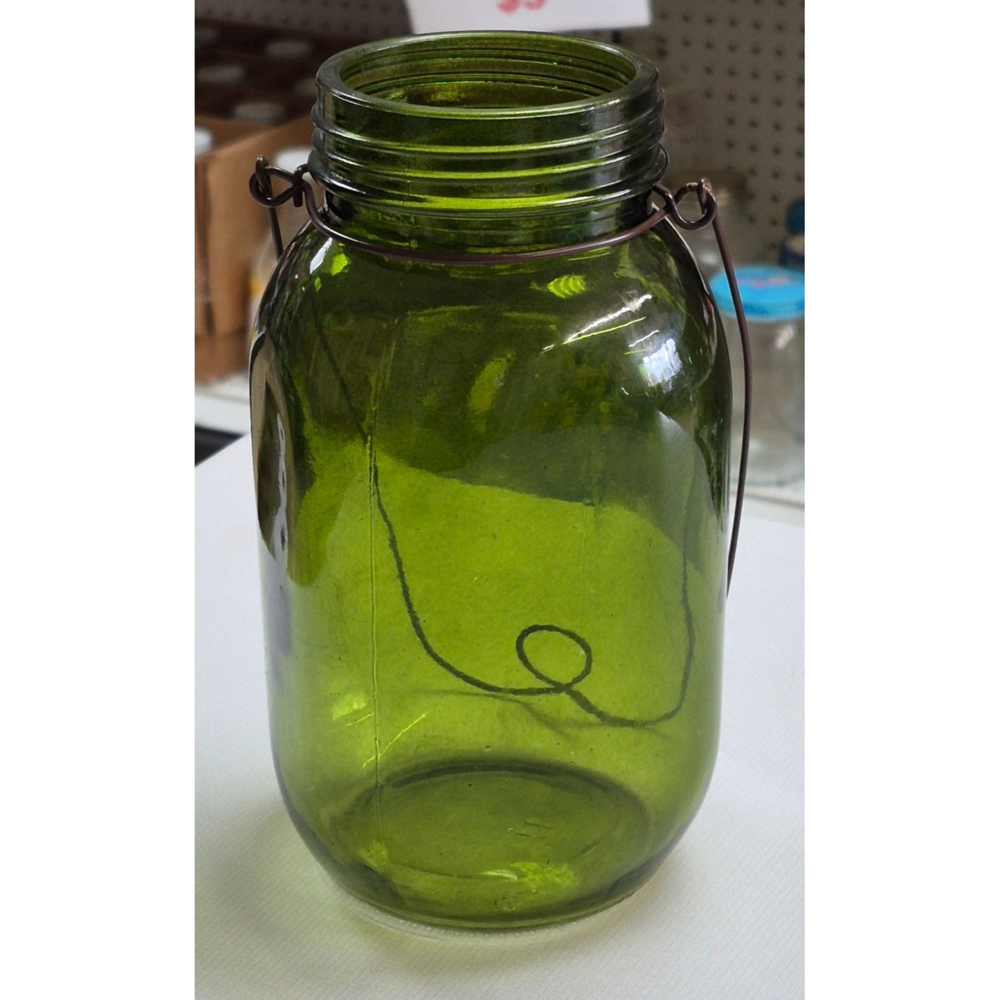 Vintage Green Glass Jar With Wire Handle