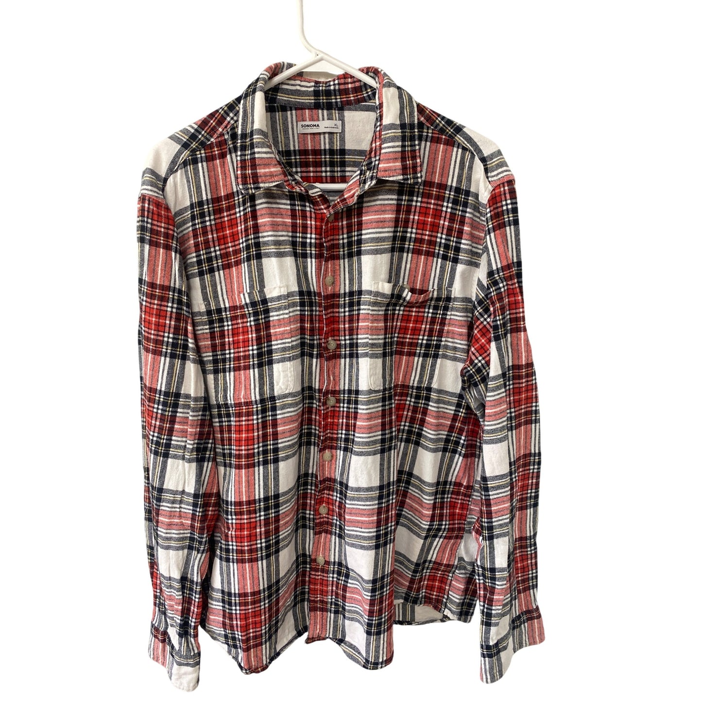 Sonoma Plaid Flannel Shirt XL Red/White/Blue Cotton Blend Button-Up Long Sleeve