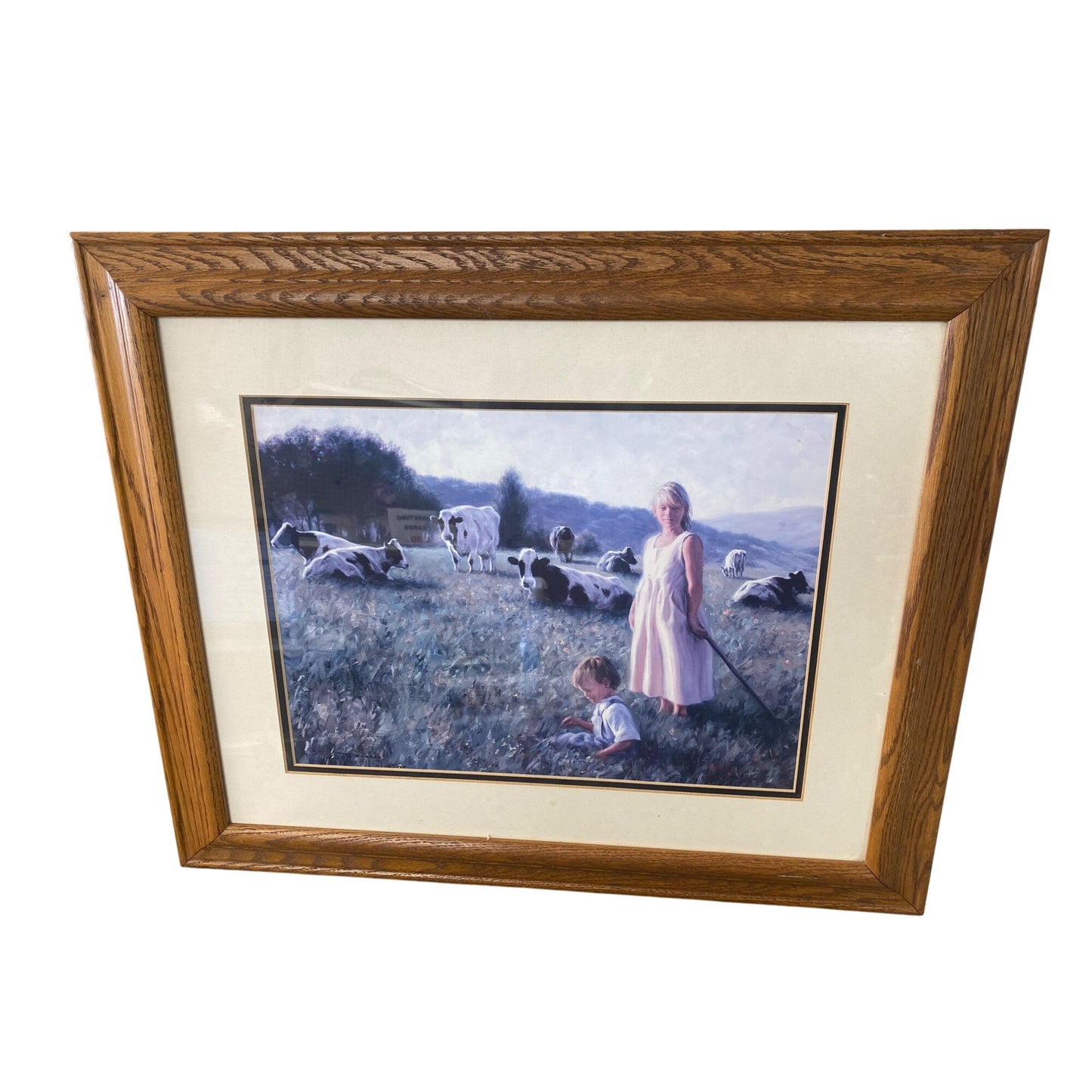 Framed Pastoral Scene Art Print Of Children & Cows With Wooden Frame & Matting Robert Duncan “Trending”
