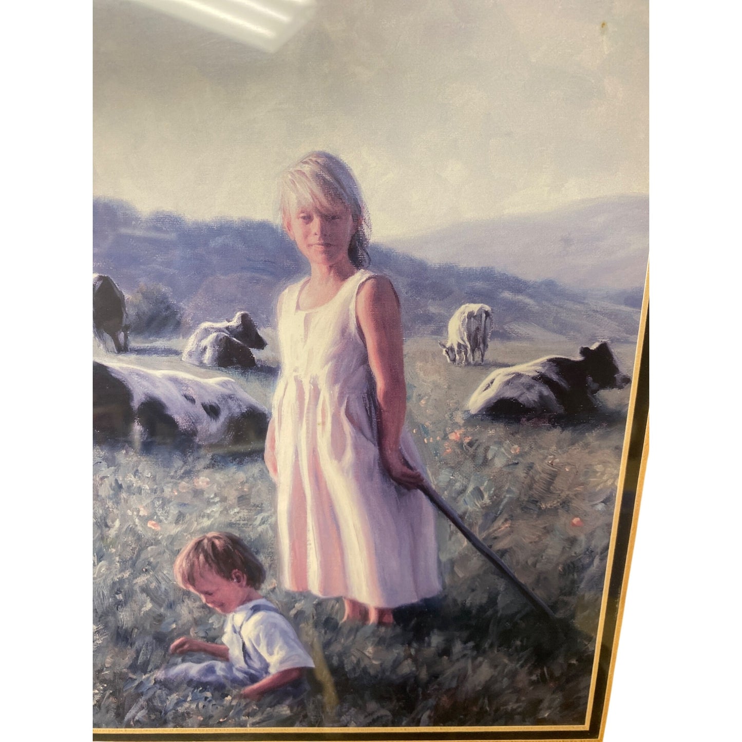 Framed Pastoral Scene Art Print Of Children & Cows With Wooden Frame & Matting Robert Duncan “Trending”