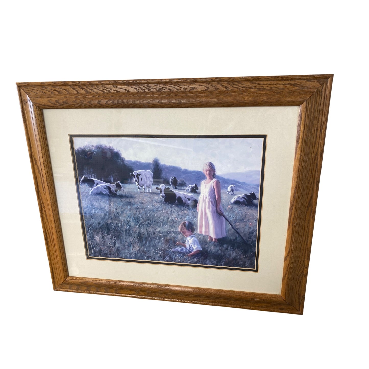 Framed Pastoral Scene Art Print Of Children & Cows With Wooden Frame & Matting Robert Duncan “Trending”