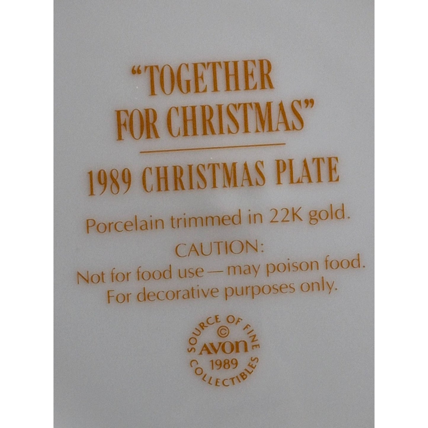 1989 Avon "Together For Christmas" Collectors Plate Porcelain Trimmed 22K Gold Holiday Decor