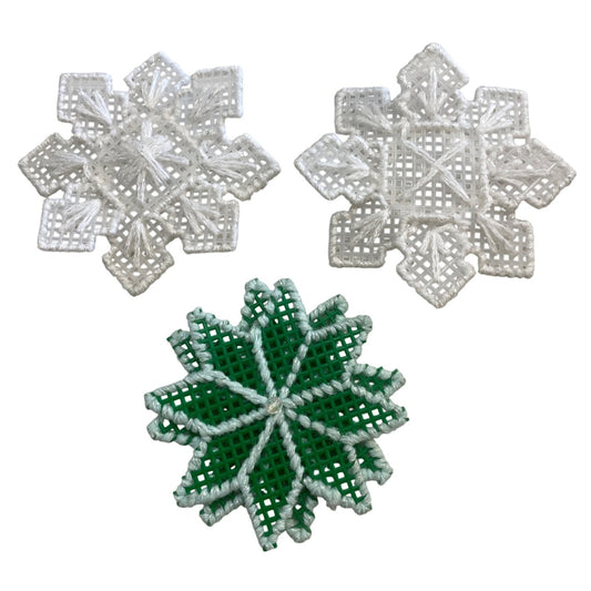 Vintage Handmade Needlepoint Snowflake Christmas Tree Ornaments Decor Lot 3