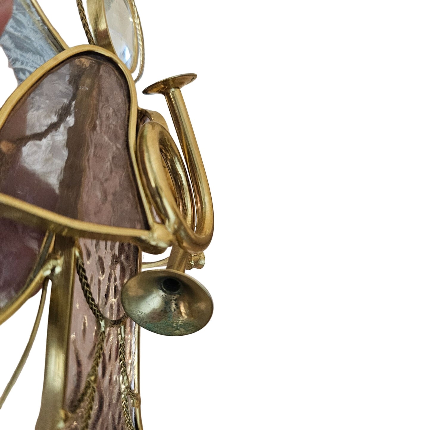 Stained Glass Angel Figurine With Trumpet - Gold Trim & Crystal Halo