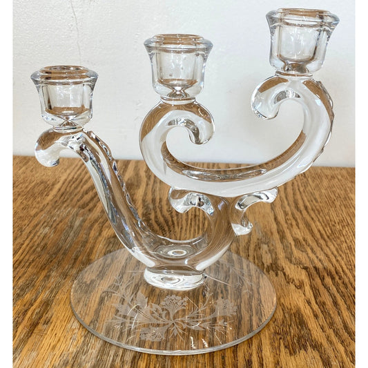 Vintage Glass 3 Arm Candle Holder Etched Floral Design